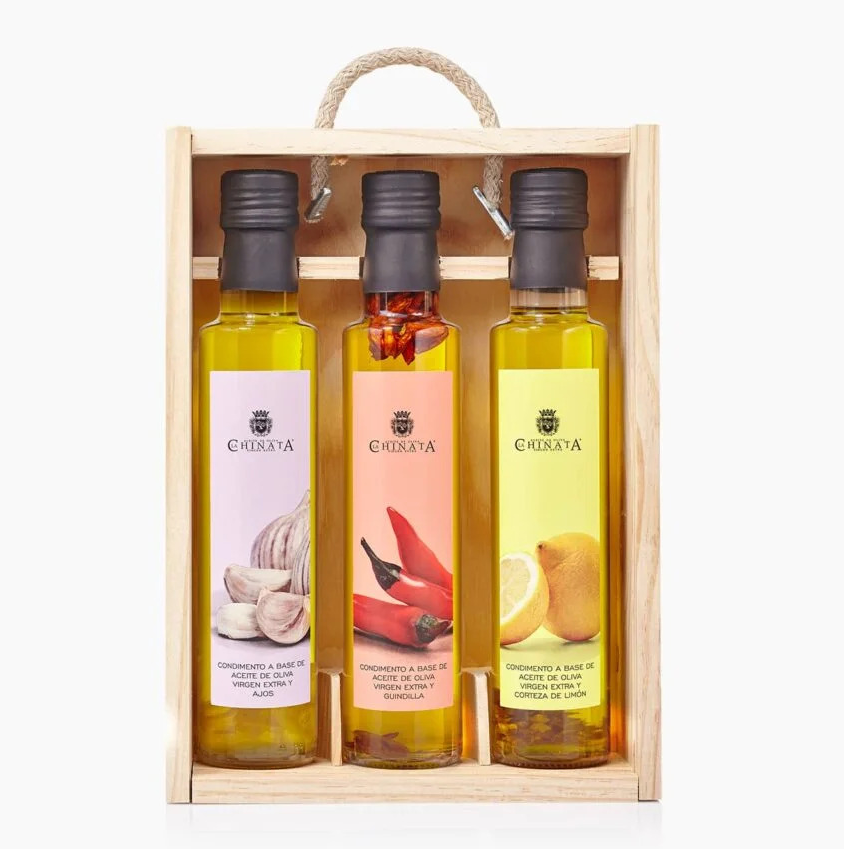 Spanyol fűszerolaj-válogatás fadobozban, 3x250 ml