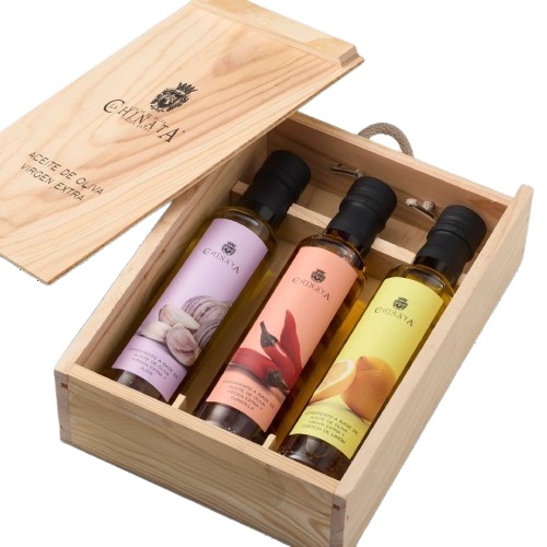 Spanyol fűszerolaj-válogatás fadobozban, 3x250 ml
