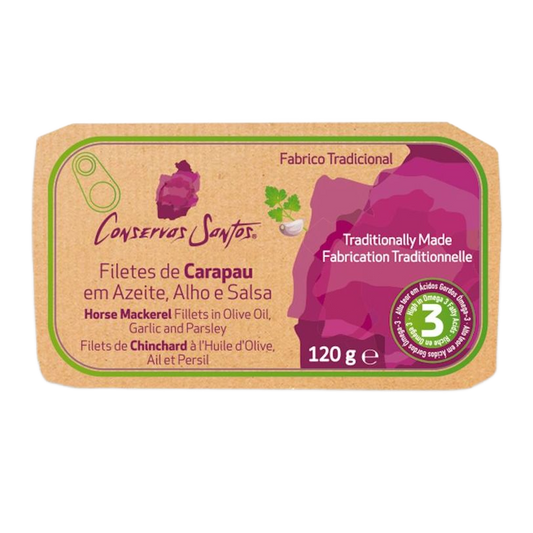 Makrélafilé olívaolajban fokhagymával és petrezselyemmel, Conservas Santos, 120 g-Campos Santos-Sol Deli