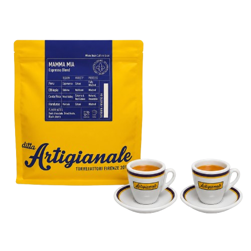 MammaMia espesso blend, szemes kávé, 250 g + 2 db Ditta Artigianale espresso csésze alátéttel