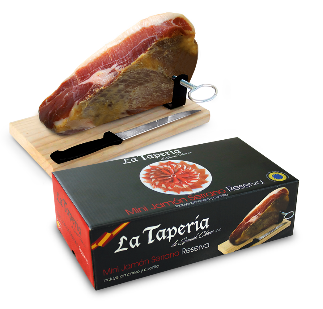 Jamón Serrano Reserva mini, állvánnyal és szeletelő késsel, 950 g
