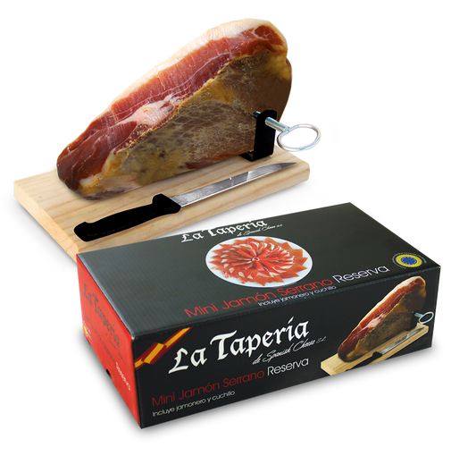 Jamón Serrano Reserva mini, állvánnyal és szeletelő késsel, 950 g
