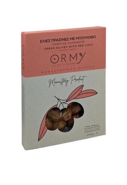 Zöld olajbogyók piros chilivel, 250 g